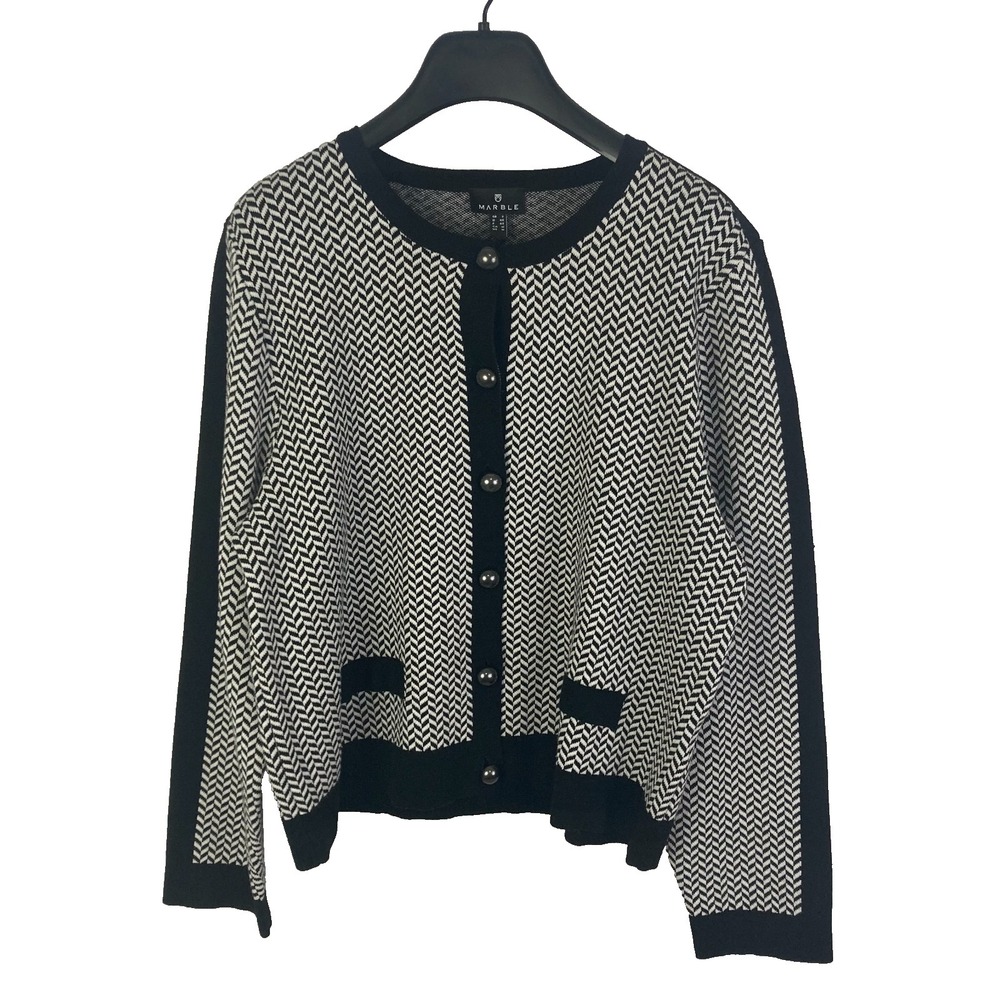 Marble Scotland Black & White Herringbone Knit Cardigan Medium